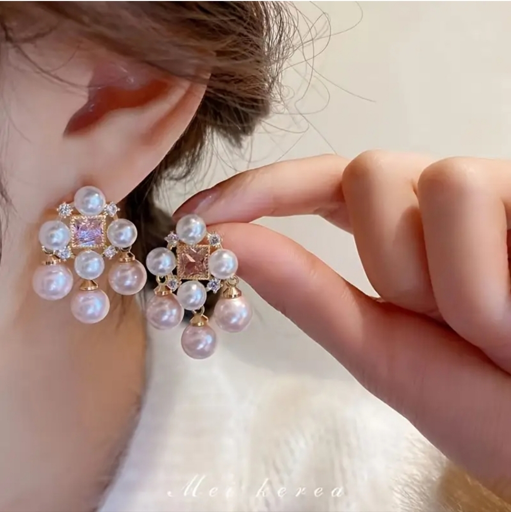 Elegant French Style Pink Faux Pearl Drop Earrings for Women Alloy Studs
